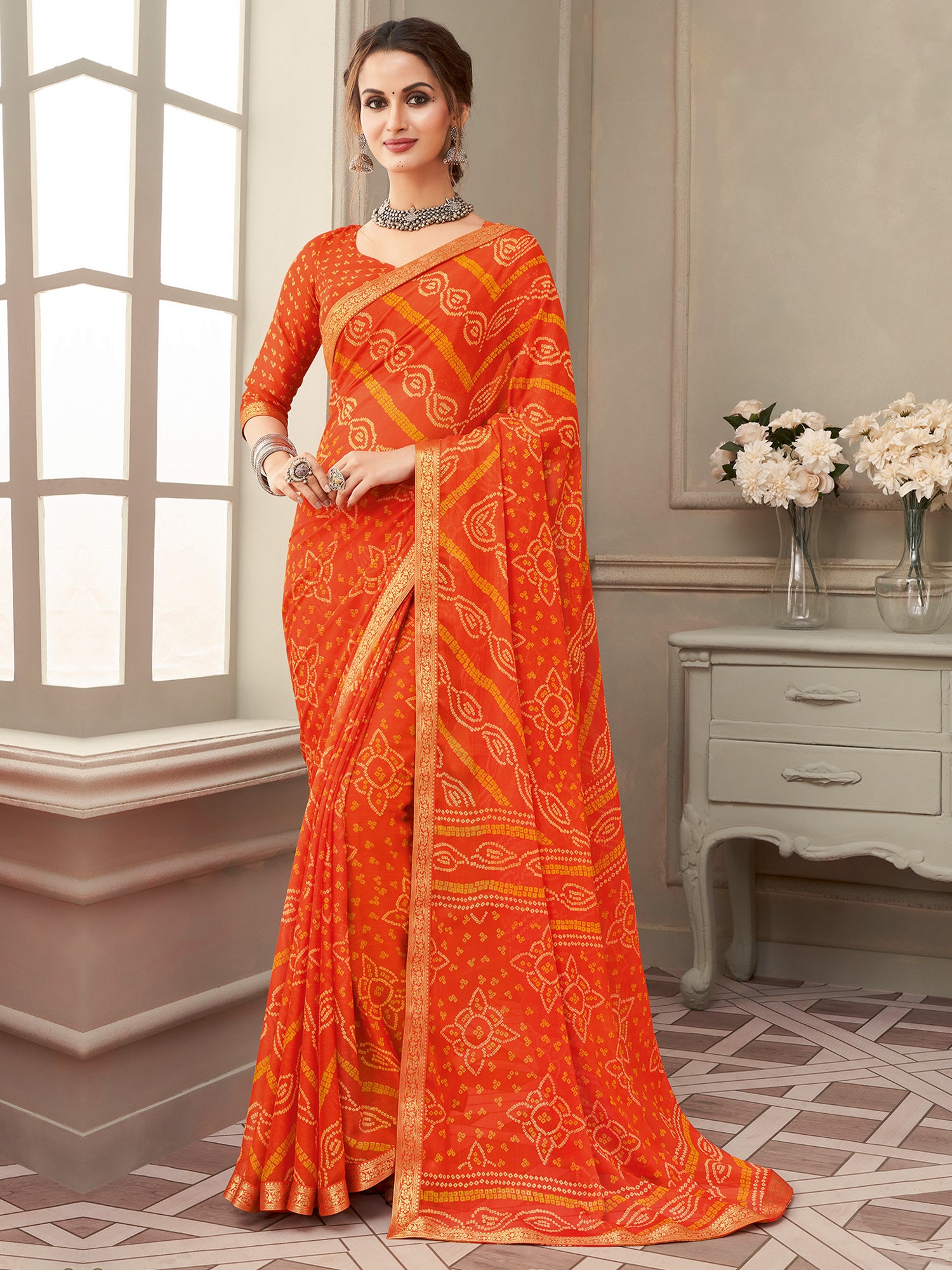 Women's Yellow Bandhani Printed Saree With Unstitched Blouse - Orange