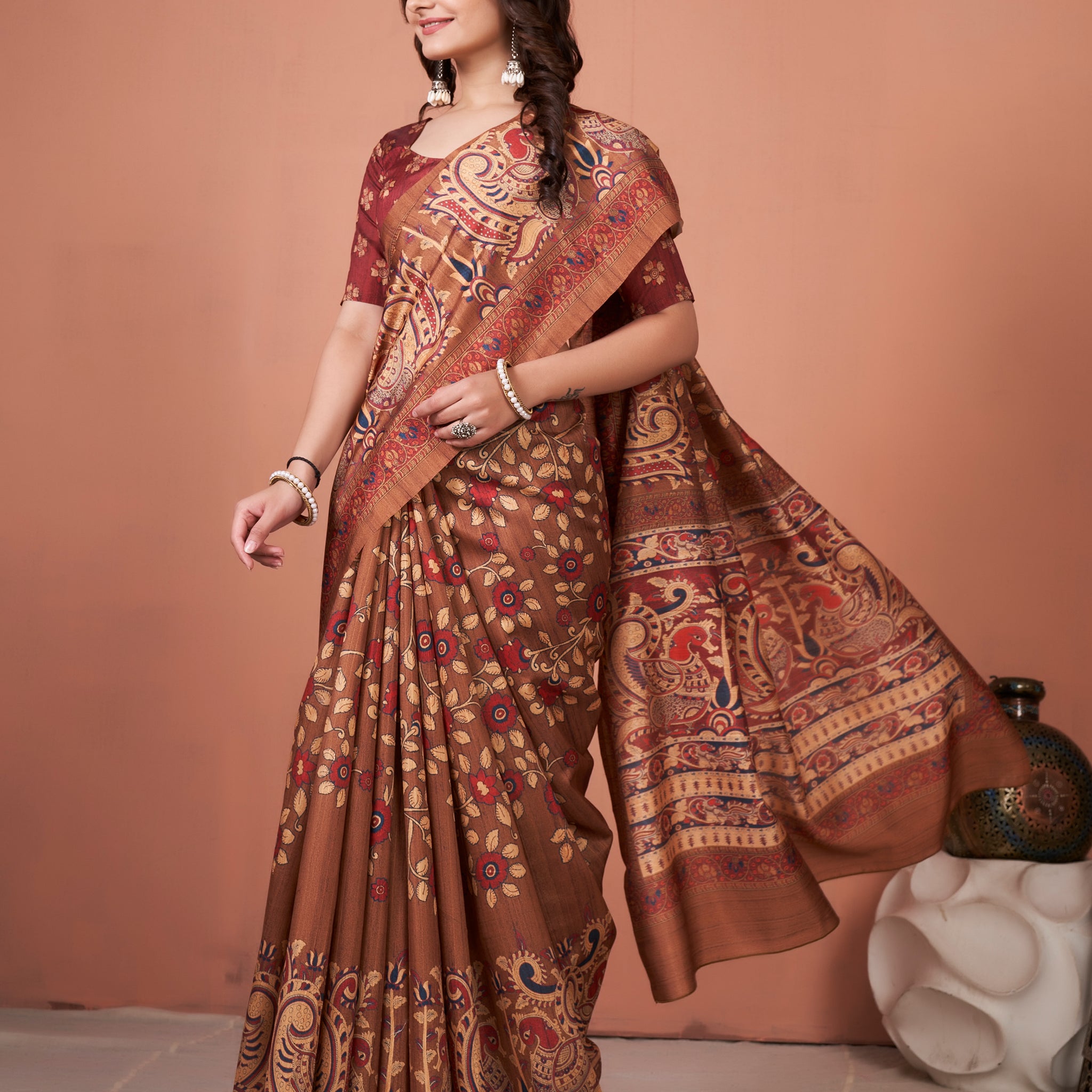 Women's  Ikat Print Bhagalpuri Silk Saree WIth Unstitched Blouse - Rust