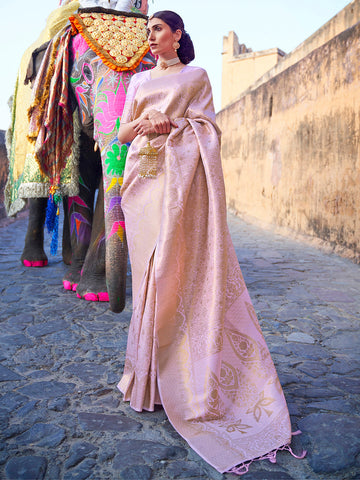 Women's Banarasi Woven Silk Saree With Unstitched Blouse - Lavender