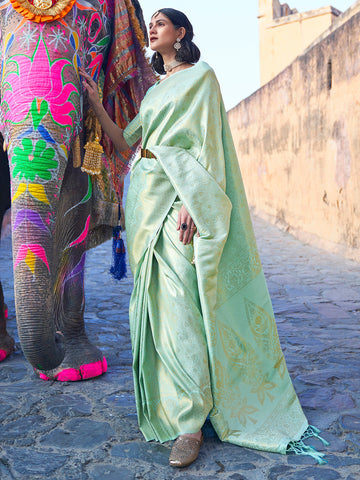 Women's Banarasi Woven Silk Saree With Unstitched Blouse - Light Green