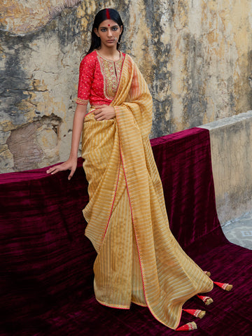 Women's Embroidered Organza Saree With Unstitched Blouse - Yellow