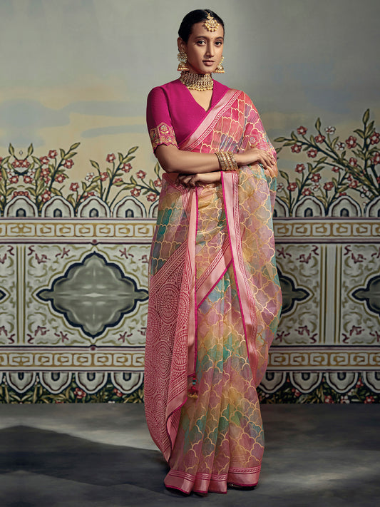 Women's Woven Organza Embroidered Saree With Unstitched Blouse - Pink