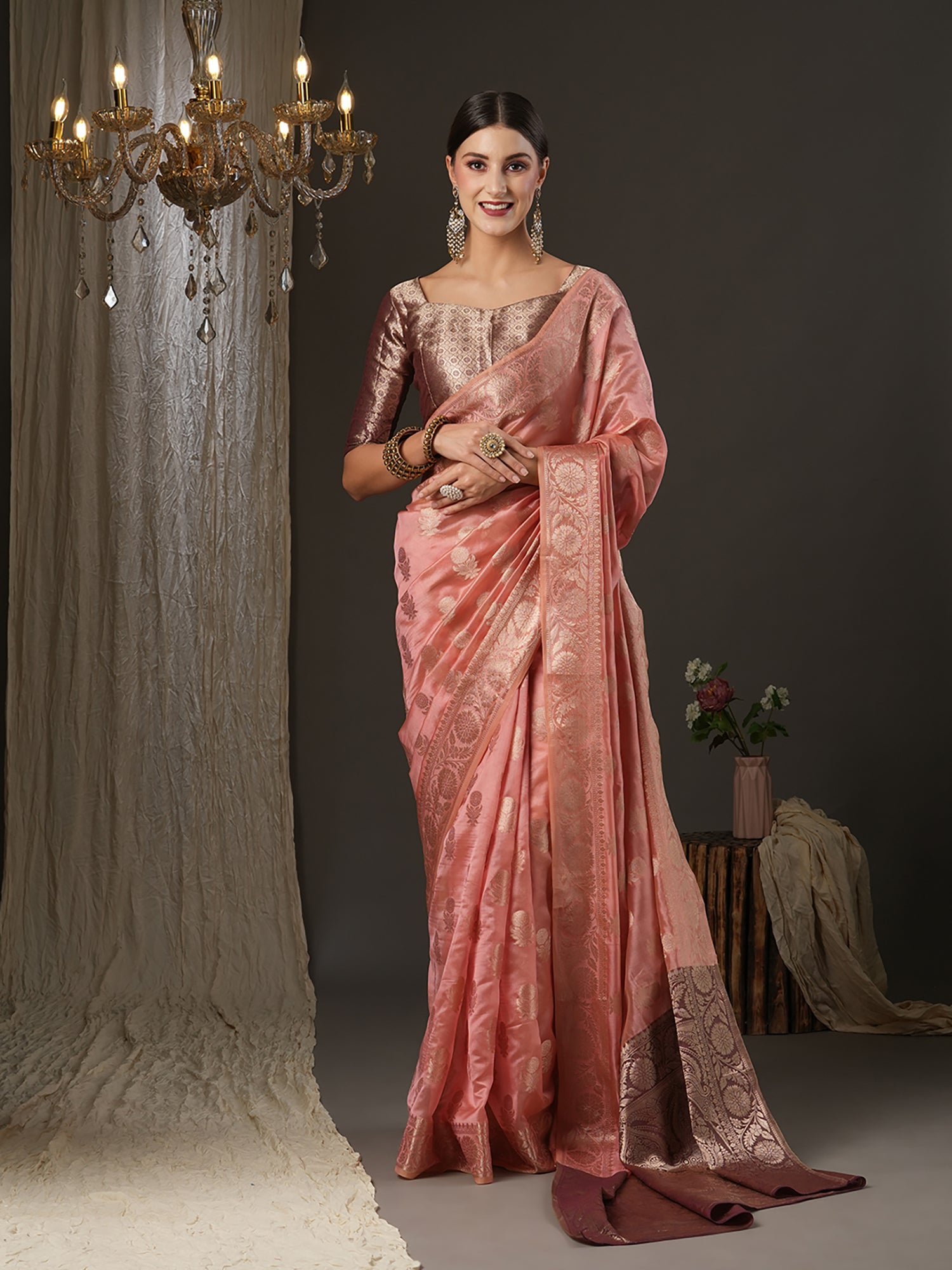 Women's Woven Organza Saree With Unstitched Blouse - Pink