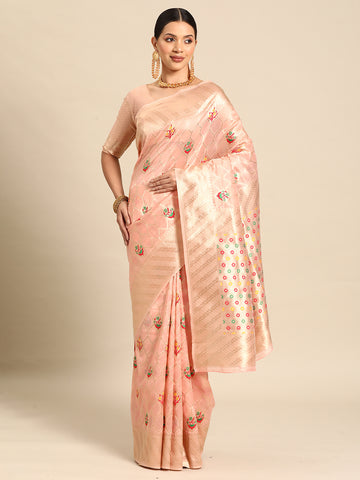 Women's  Woven Organza Saree With Unstitched Blouse - Peach