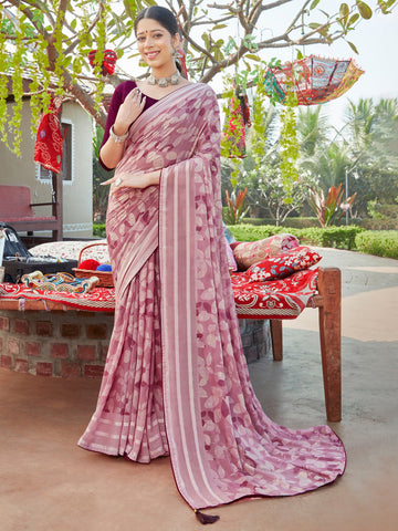 Women's Chiffon Digital Printed Saree With Unstitched Blouse - Pink