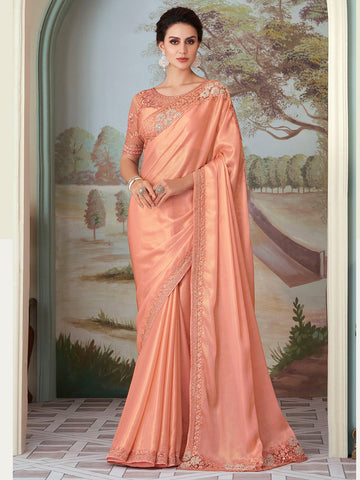 Women's Embroidered With Silk Designer Saree With Unstitched Blouse - Peach