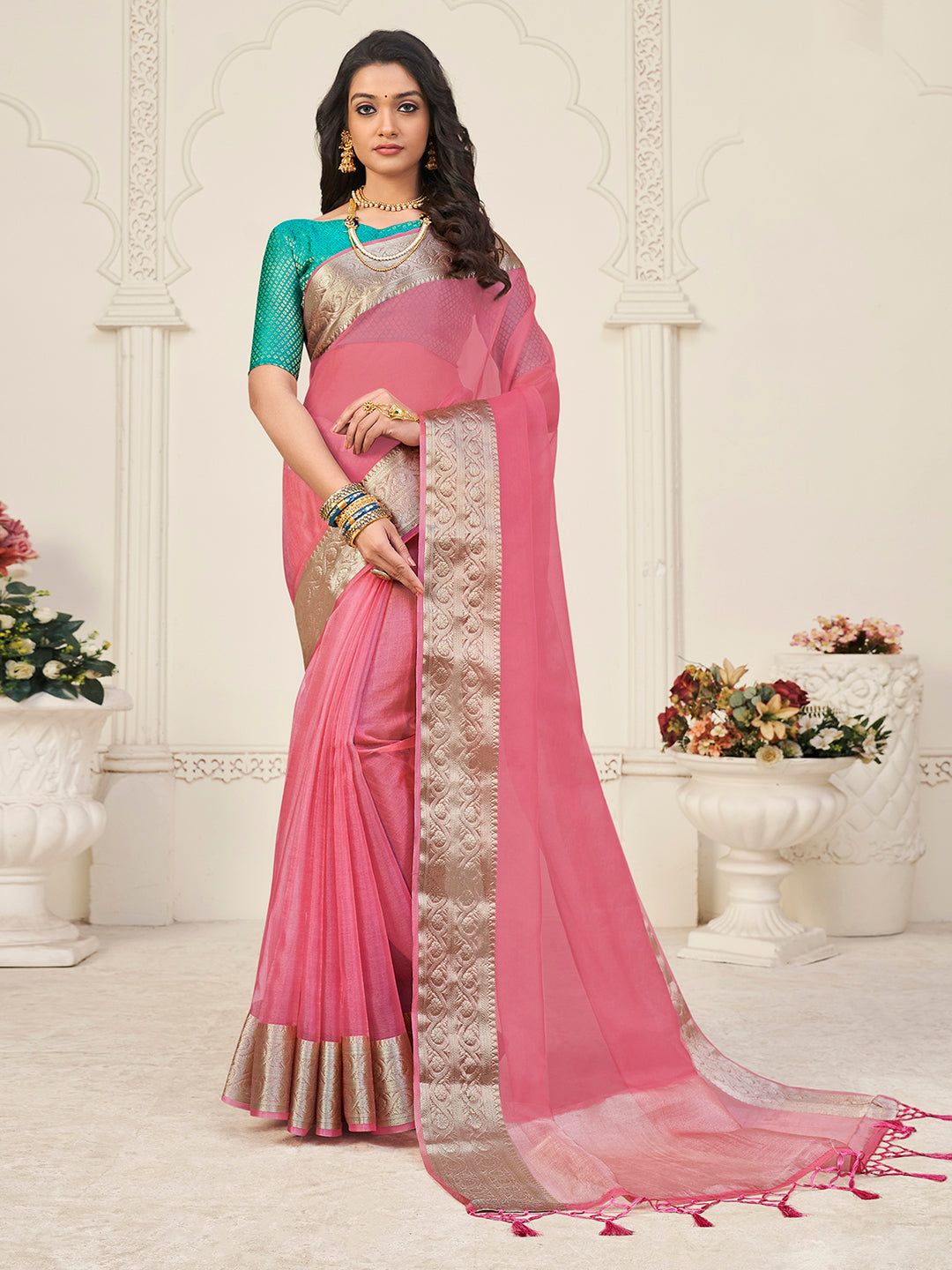 Women's Zari Woven Border Wedding Banarasi Saree With Unstitched Blouse  - Light Pink