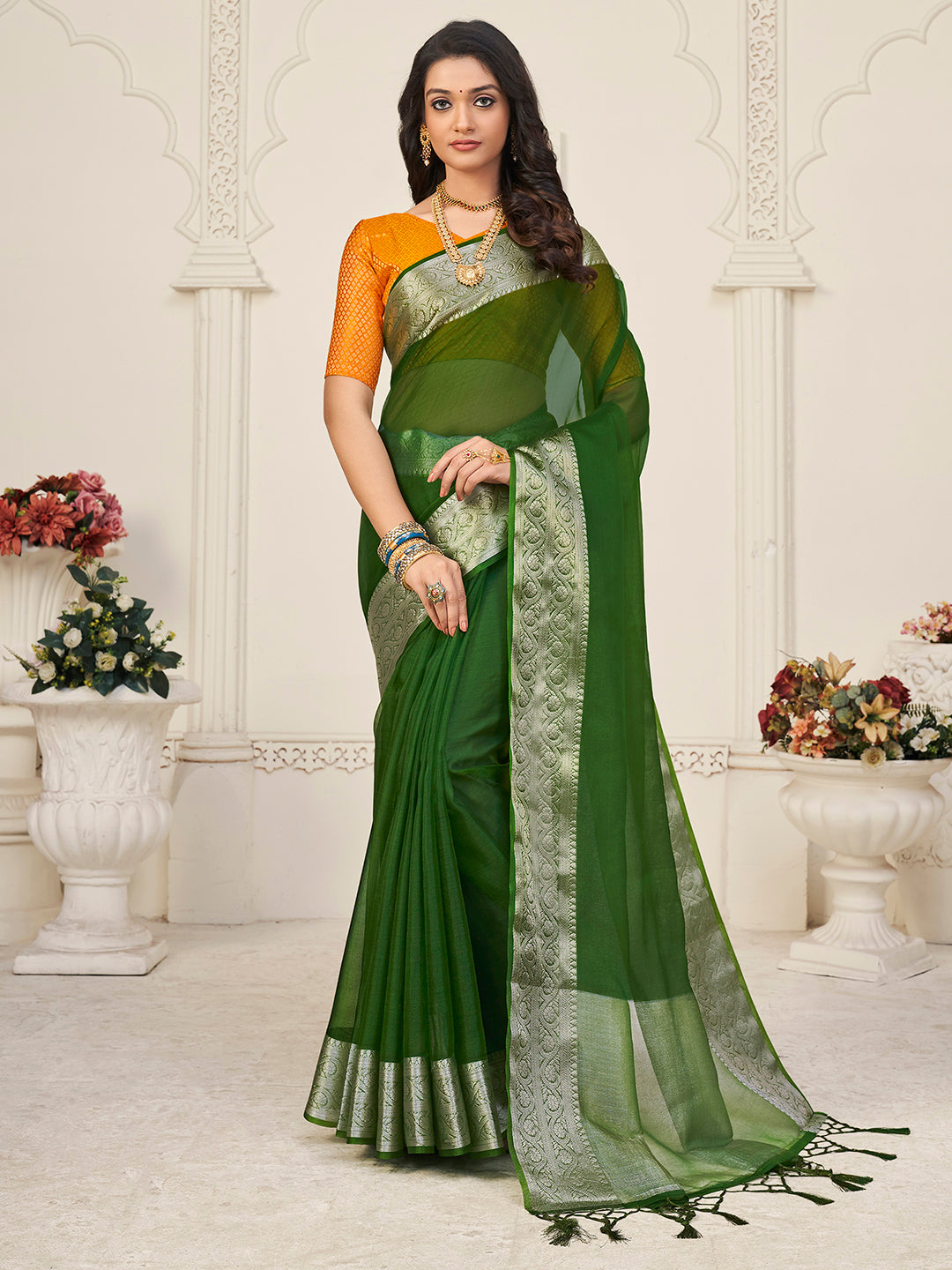 Women's Zari Woven Border Wedding Banarasi  Saree With Unstitched Blouse - Green