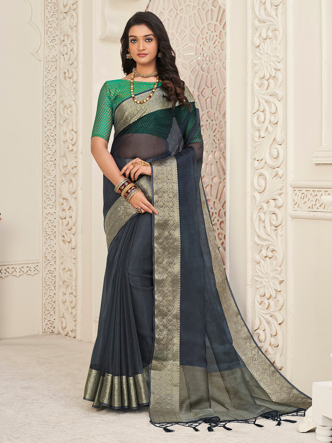 Women's Zari Woven Border Wedding Banarasi  Saree With Unstitched Blouse - Grey