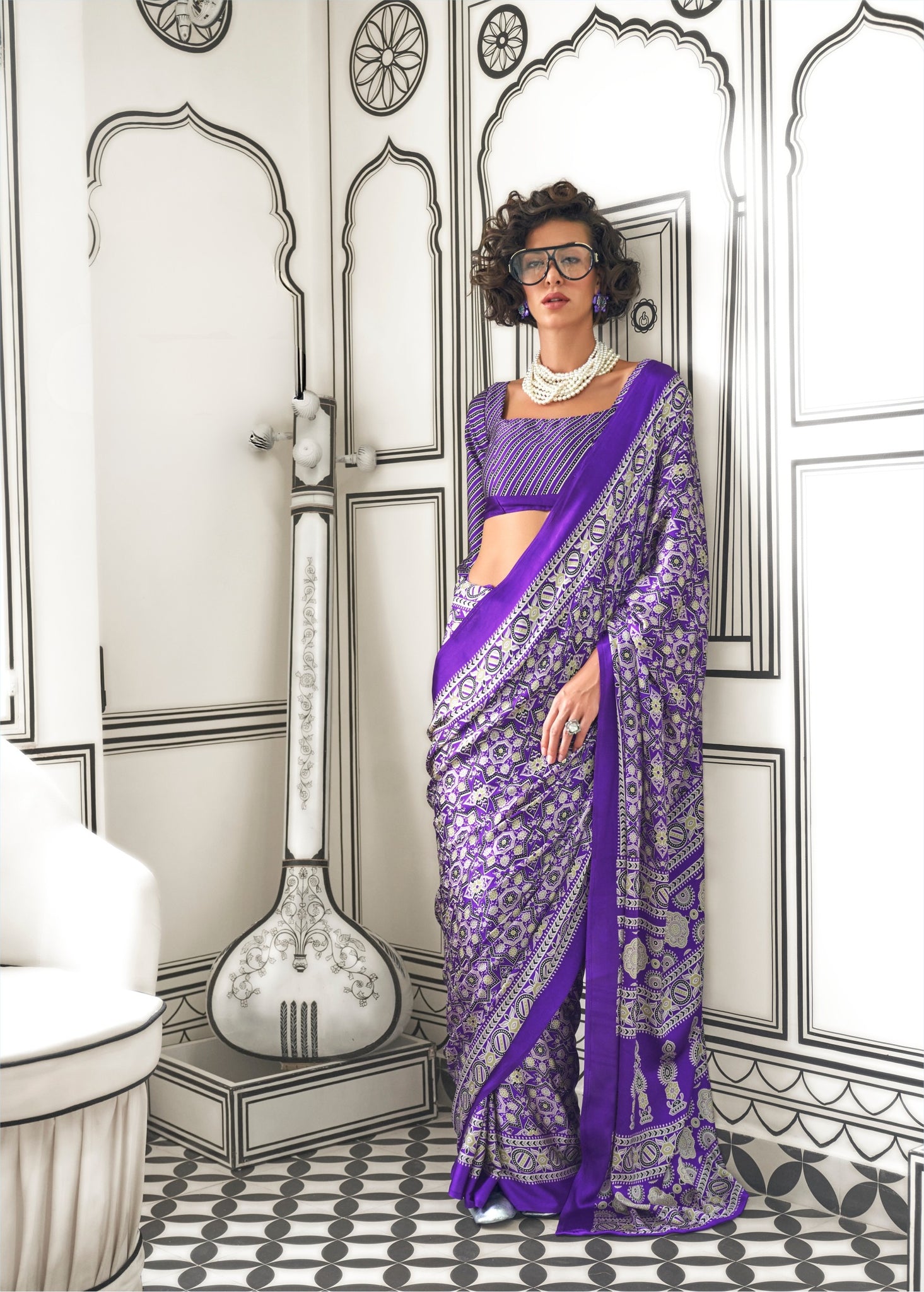 Ajrakh Printed Satin Saree - Purple