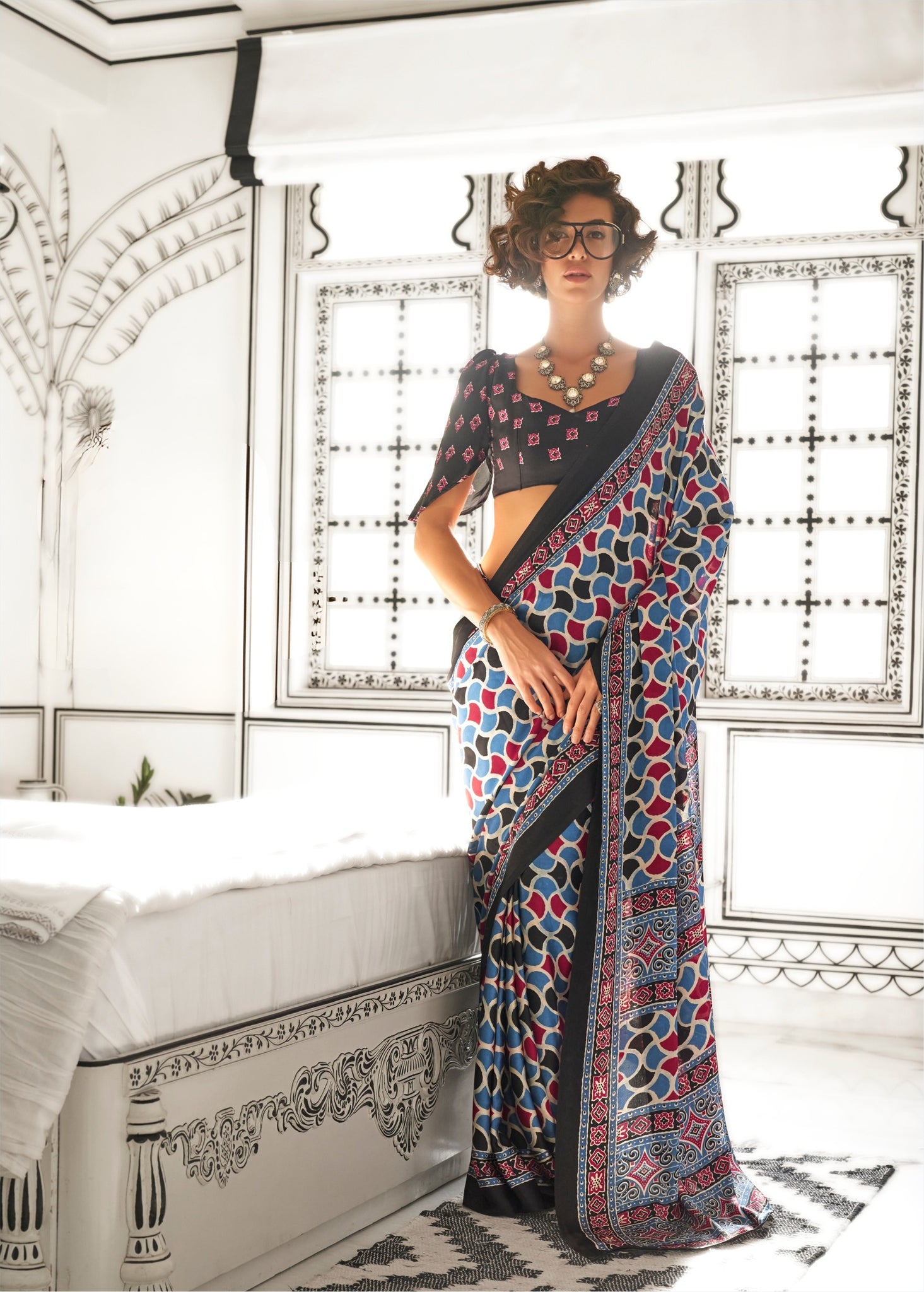 Ajrakh Printed Satin Saree - Blue & Red