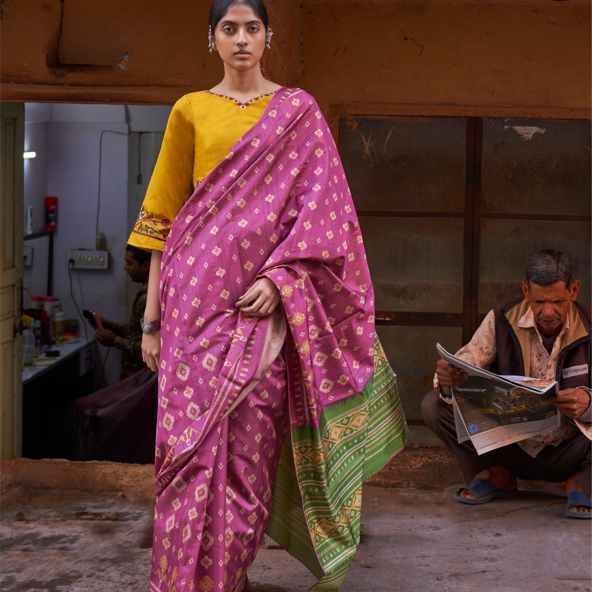 Magenta  Ikkat Print Saree With Embroidered Blouse Piece