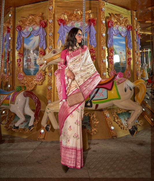 Aitra Floral Design Zari Saree - Cream