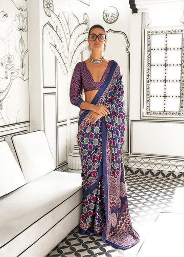 Ajrakh Printed Satin Saree - Navy Blue