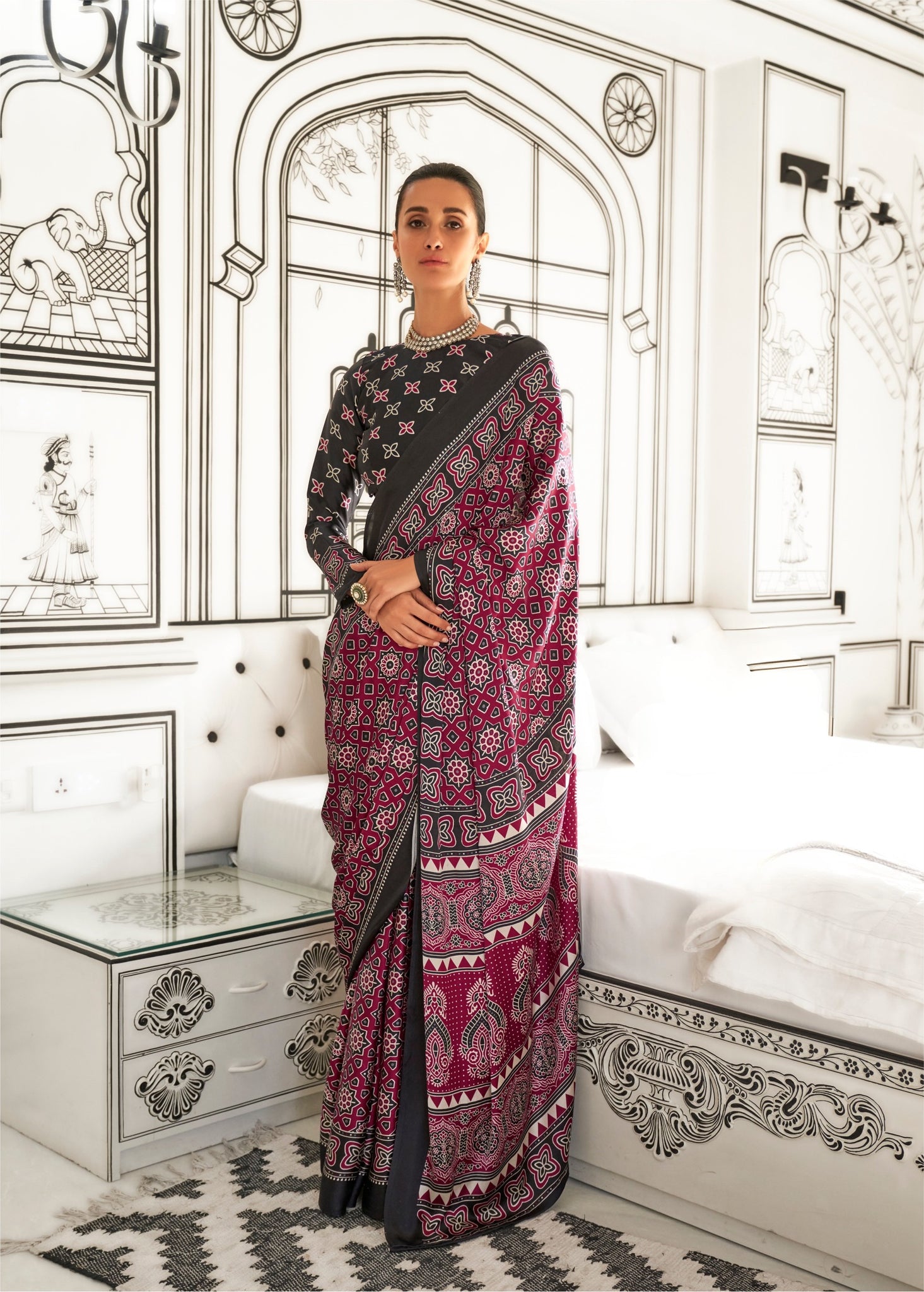 Ajrakh Printed Satin Saree - Maroon