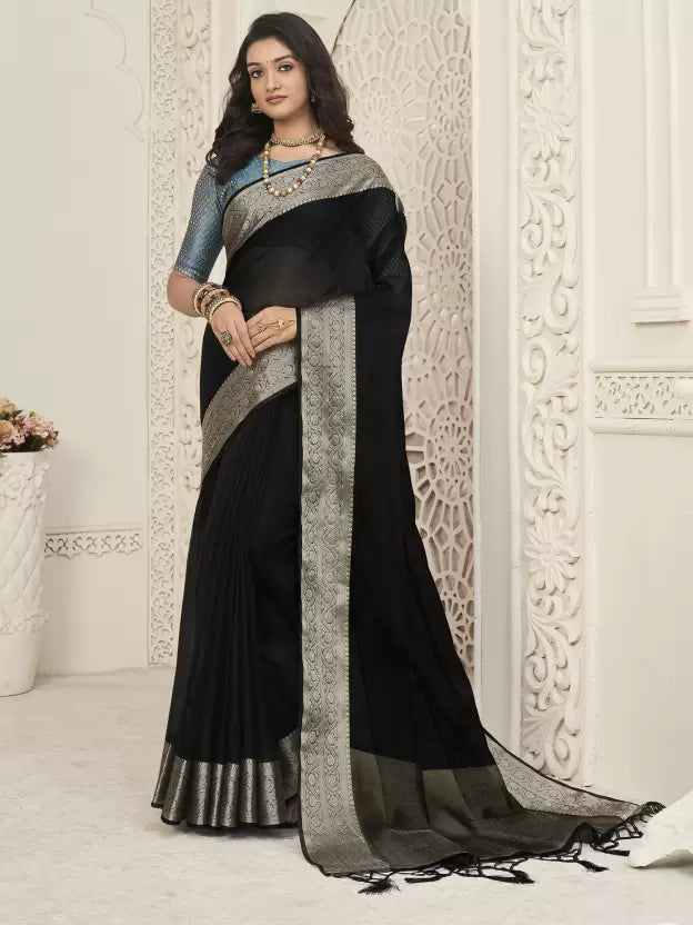 Women's Zari Woven Border Wedding Banarasi  Saree With Unstitched Blouse - Black