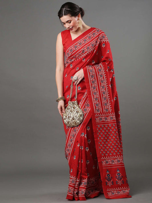 Women's Bhagalpuri Silk Printed Designer Saree with Unstitched Blouse -  Red