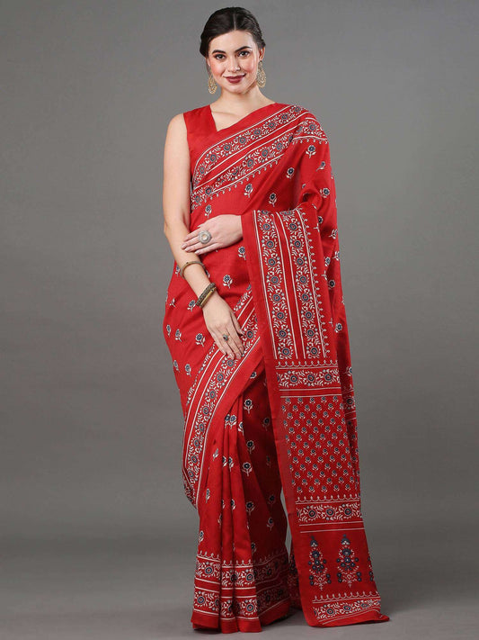 Womens Bhagalpuri Silk Red Printed Designer Saree