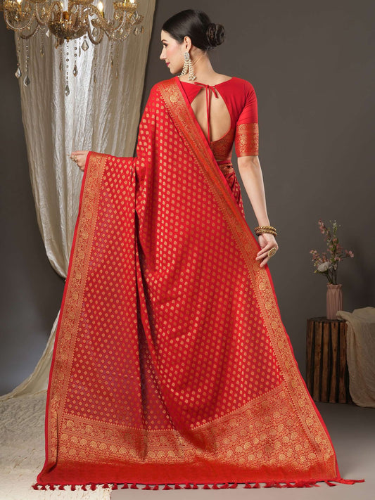 Women's Woven Design Banarasi Silk Saree With Unstitched Blouse - Red