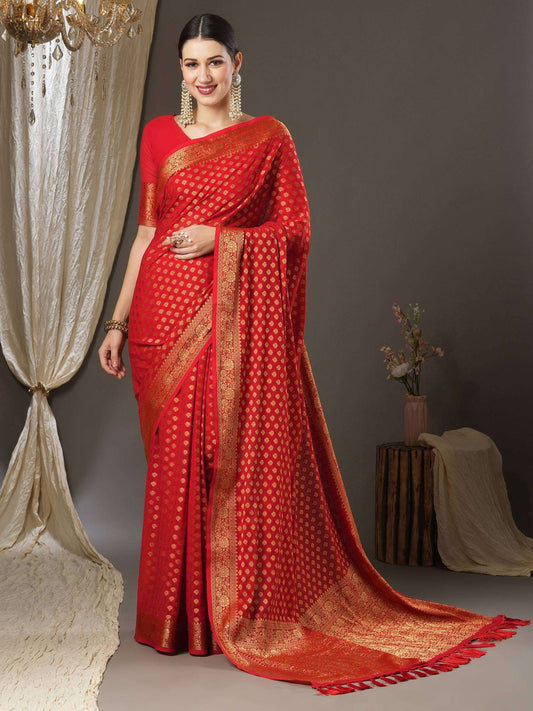 Women's Georgette Red Woven Designer Saree