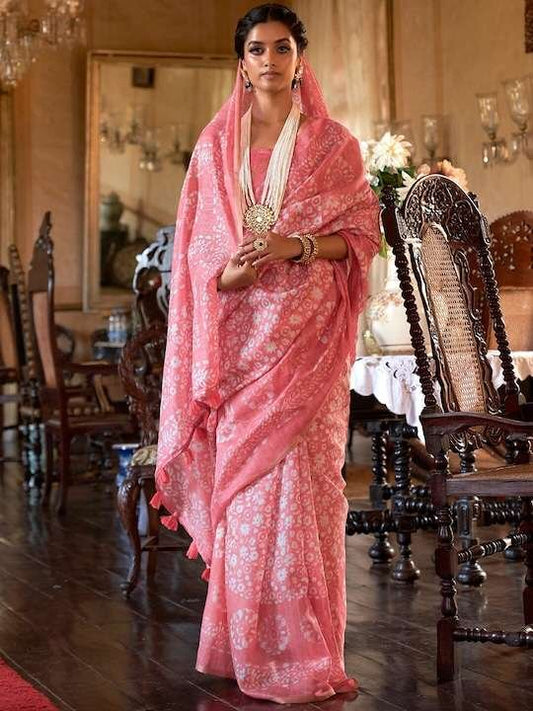 Women Cotton Blend Pink Printed Designer Saree With Unstitched Blouse Piece