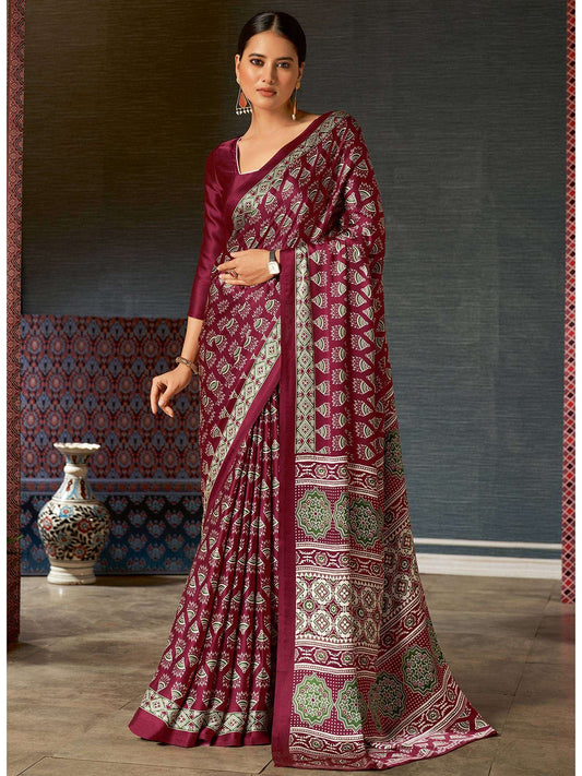 Magenta Ajrak Block Printed Pure Crepe Saree