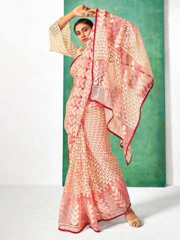 Womens Brasso Peach Printed Designer Saree with Unstitched Blouse