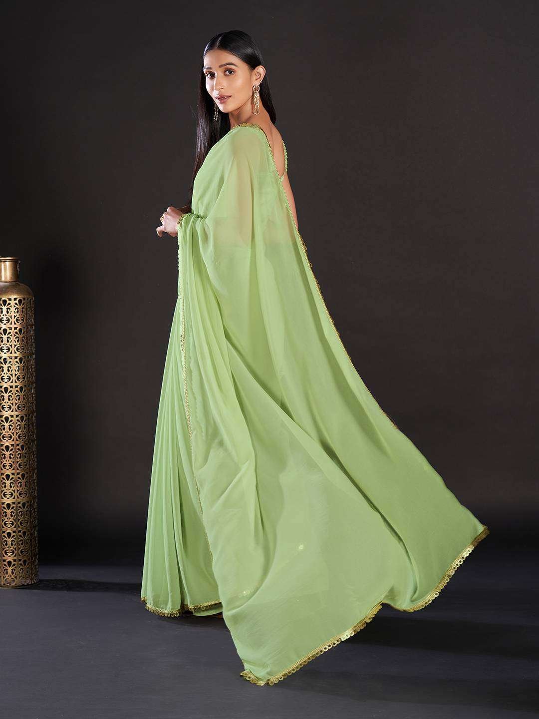 Georgette Green Solid And Embellished Designer Saree With Blouse Piece