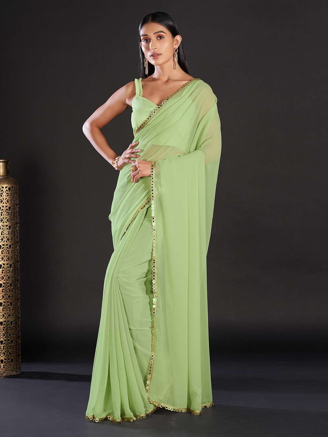 Georgette Green Solid And Embellished Designer Saree With Blouse Piece