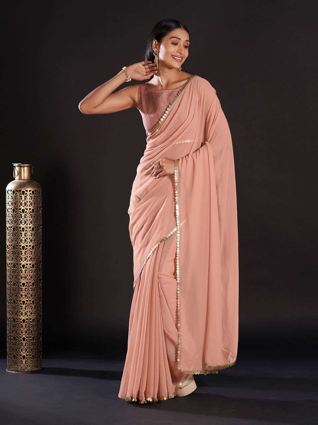 Georgette Mauve Solid And Embellished Designer Saree With Blouse Piece