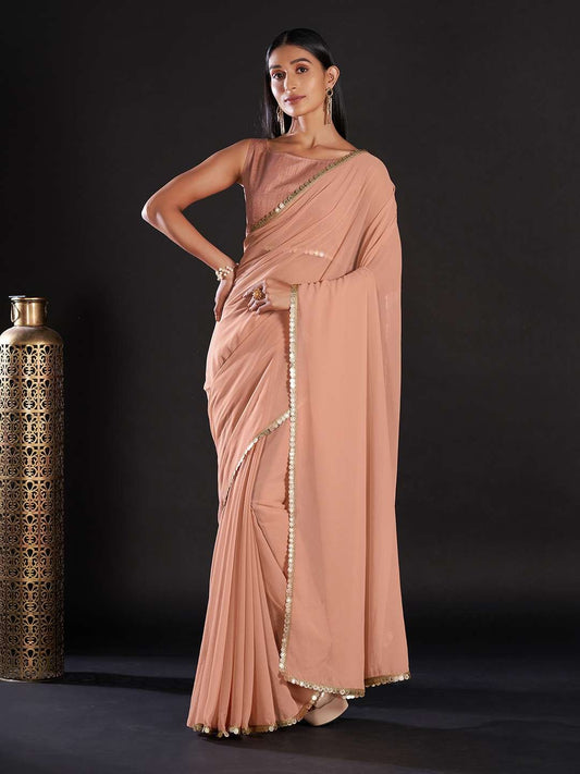Georgette Mauve Solid And Embellished Designer Saree With Blouse Piece