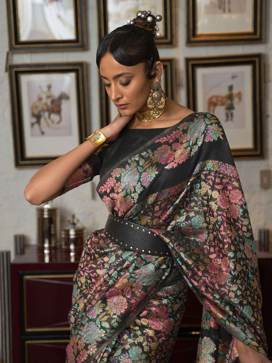 Women's Silk Blend  Woven Handloom Saree with Unstitched Blouse - Black