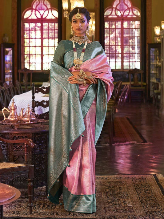 Women's Zari Woven Design Beige Kanjivaram Banarasi Silk Saree With Unstitched Blouse Piece