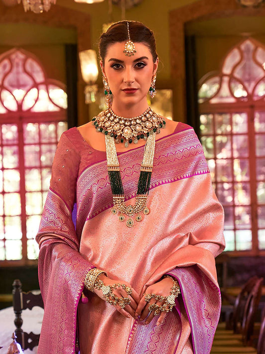 Women's Zari Woven Design Banarasi Silk Saree With Unstitched Blouse - Light Pink