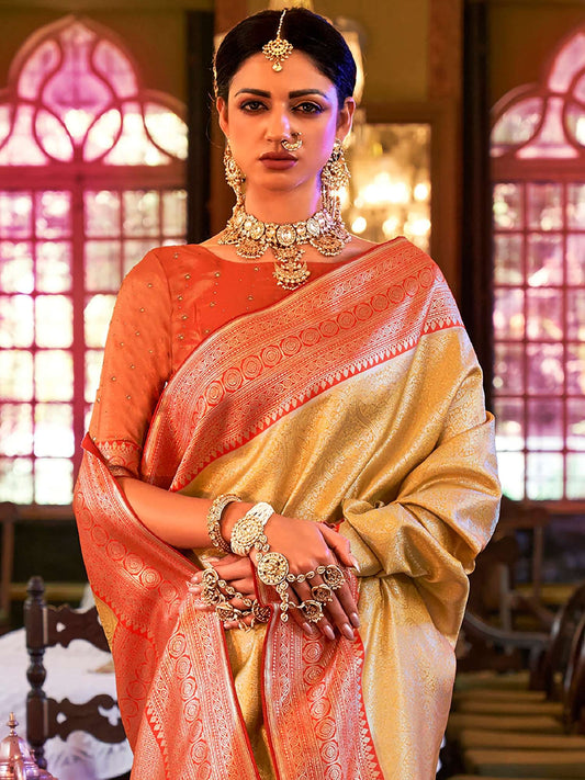 Elegant Yellow Kanjivaram Banarasi silk saree with Zari woven design for women includes an unstitched blouse piece.