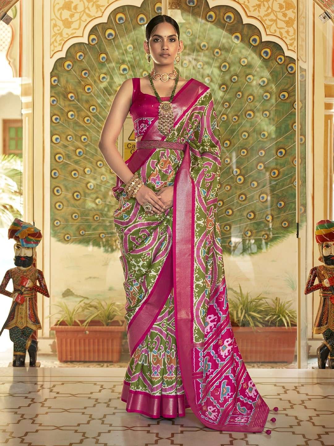 Women's Patola Silk Saree With Unstitched Blouse - Green