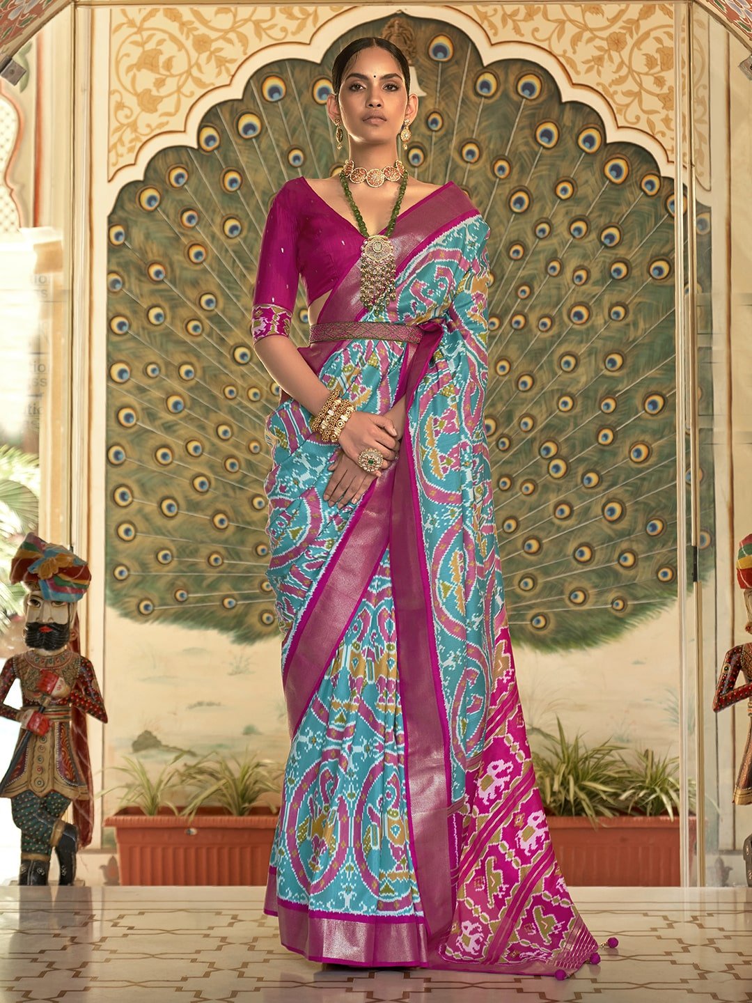 Women's Patola Silk Saree With Unstitched Blouse - Light Blue