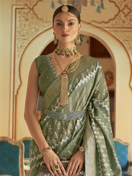 Women’s Patola Silk Saree With Unstitched Blouse - Olive