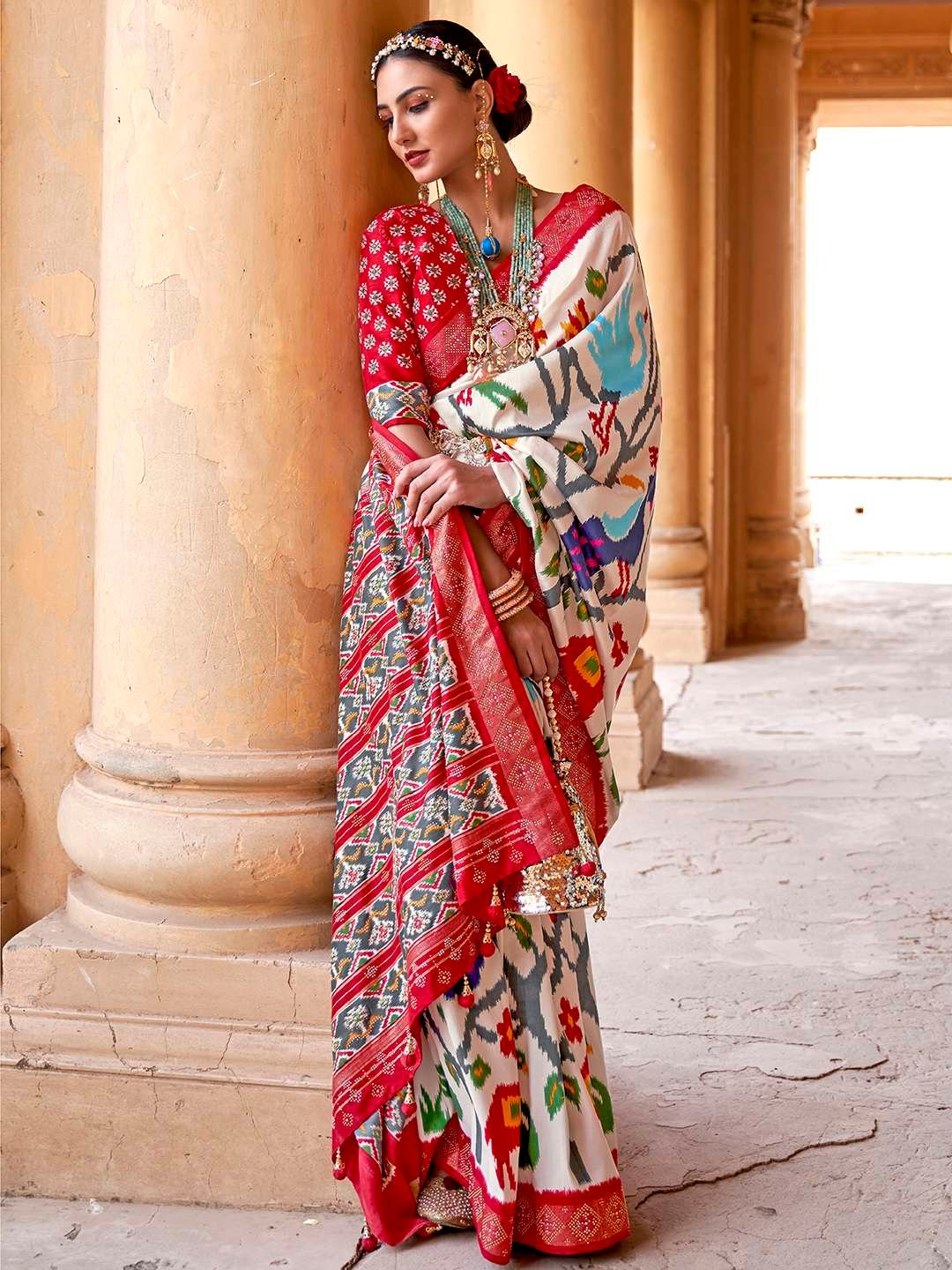 Patola White & Red Silk Saree