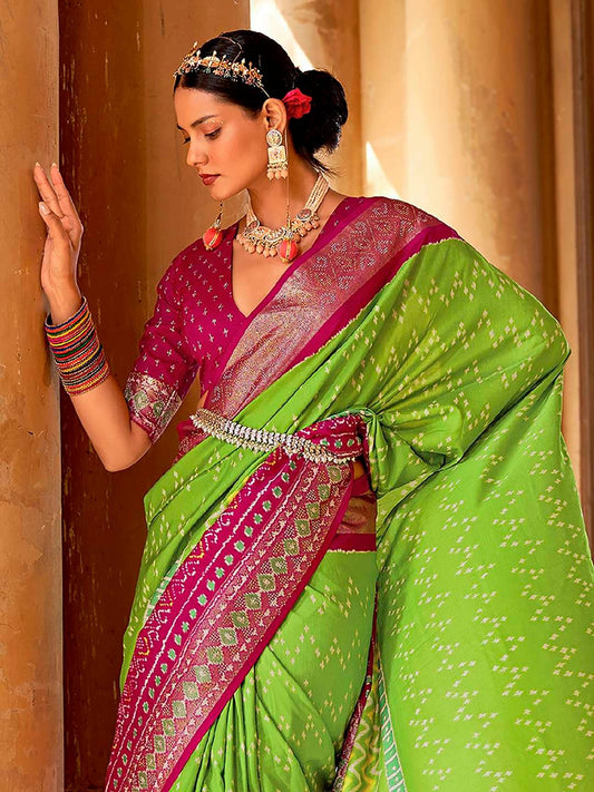 Women's Patola Silk Saree With Unstitched Blouse - Parrot Green