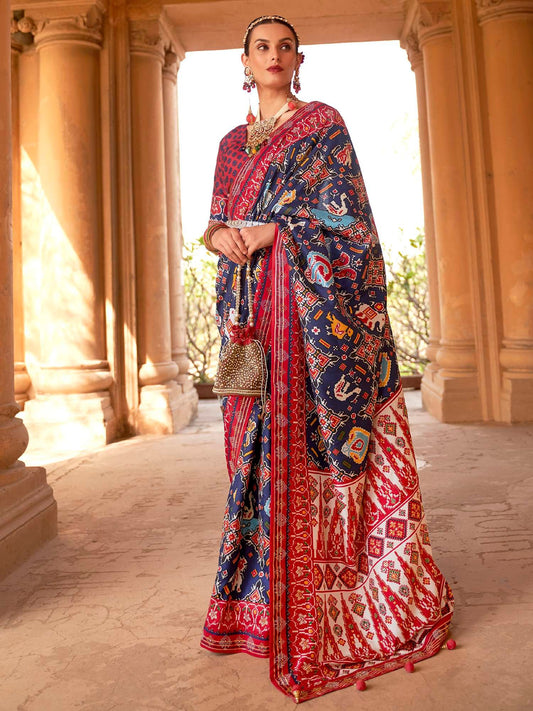 Patola Blue & Red Silk Saree