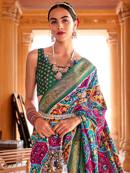 Women's Patola Silk Saree With Unstitched Blouse - Multi Colour