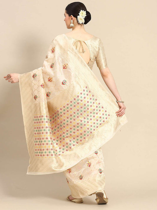Women's Woven Organza  Saree With Unstitched Blouse - Cream