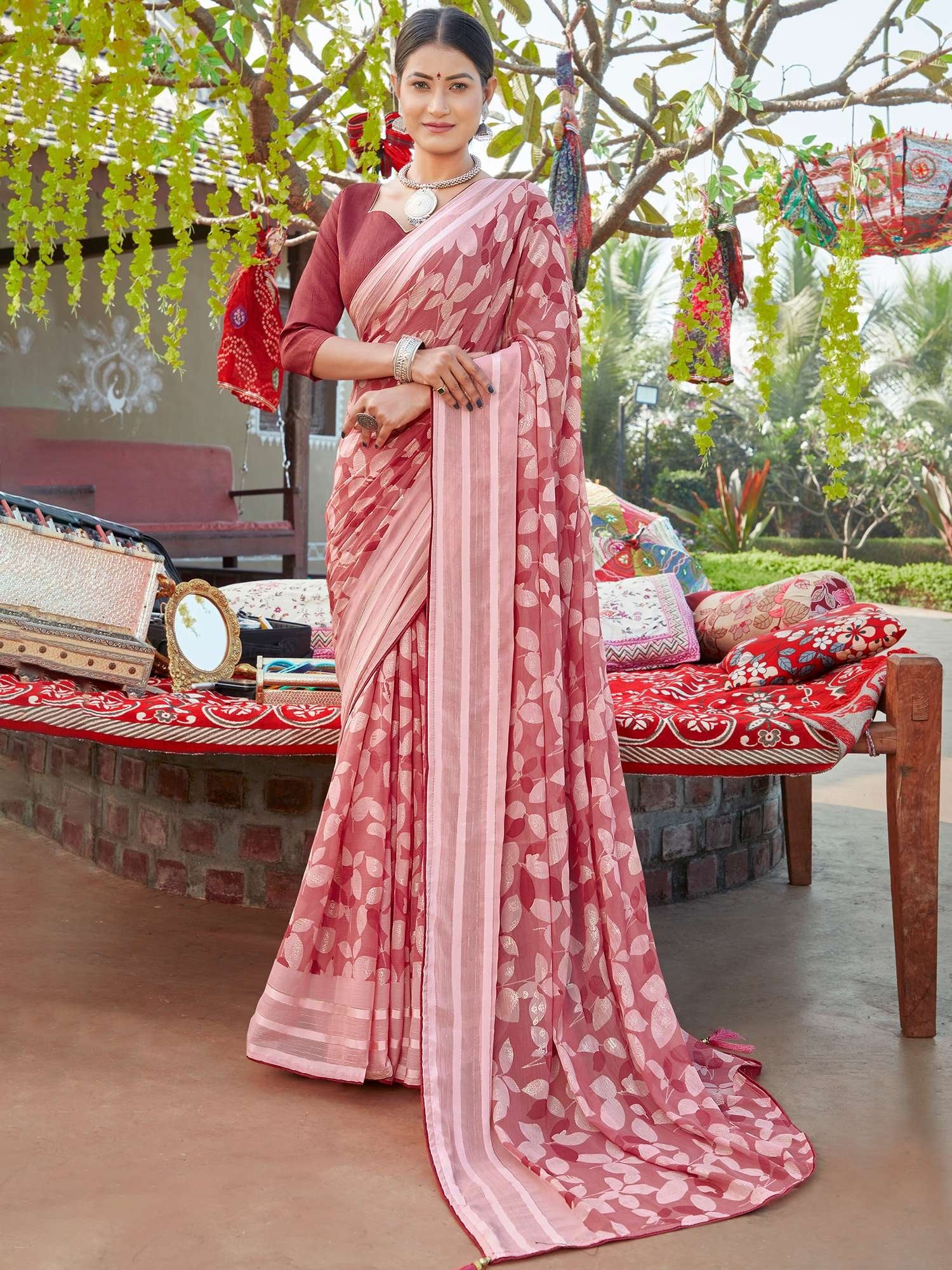 Satrani Pink Printed Saree With Unstitched Blouse