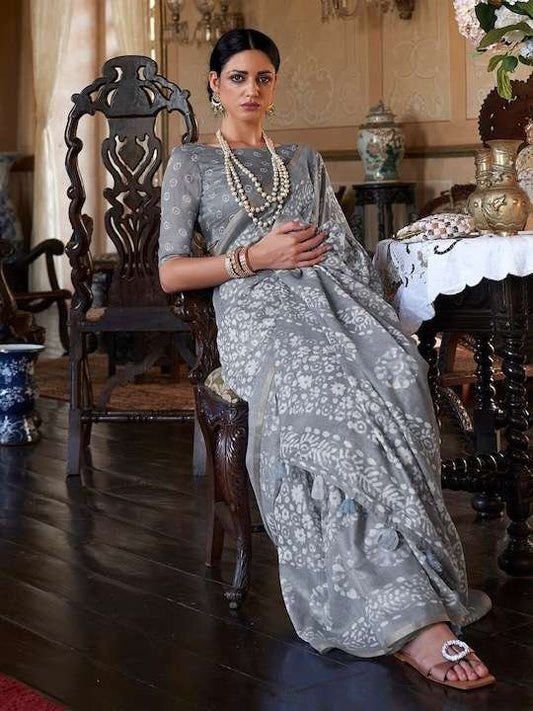 Women Cotton Blend Grey Printed Designer Saree With Unstitched Blouse Piece